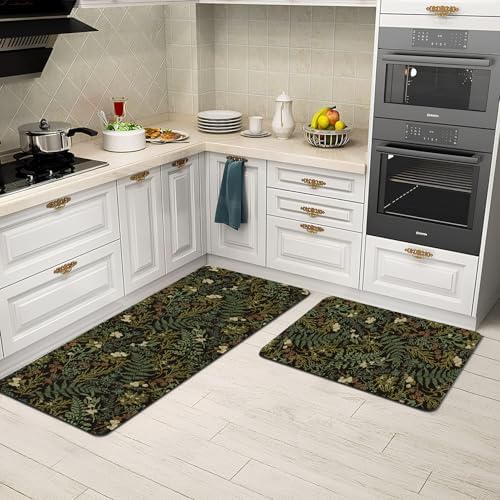 Vintage Black and Green Botanical Kitchen Rugs Sets of 2 Non Slip Washable, Fern and Leaves Kitchen Mats for Floor 2 Piece Home Decor - Image 4