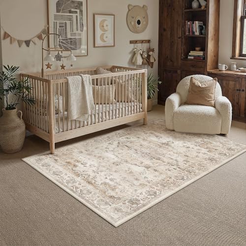PureCozy Beige Area Rug 4x6 Living Room Vintage Floral Non-Slip Carpet by PureCozy