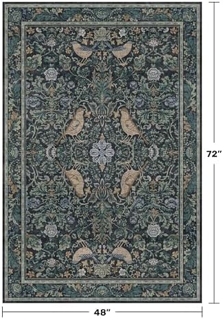 Vintage 4x6 Washable Entryway Rug, Blue & Green Floral Bird Woodland Rug, Non-Slip Low Pile Stain Resistant Carpet for Kitchen, Bedroom, Small Living Room - Image 2