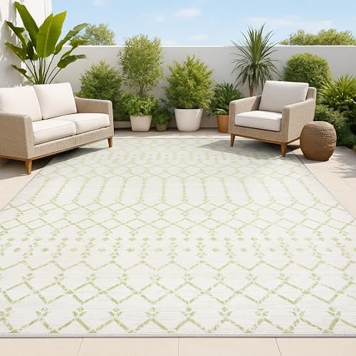 JONATHAN Y Moroccan Geometric Indoor Outdoor Area Rug 9X12 Cream/Green, Ourika Textured Weave for Backyard, Patio, Porch, Easy-Cleaning, High Traffic, Pet-Friendly, Non-Shedding (SMB108M-9) by JONATHANY