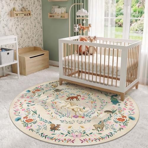 jinchan 6ft Round Kids Rug Washable Whimsical Nursery Playroom Rug, Cream - Image 5