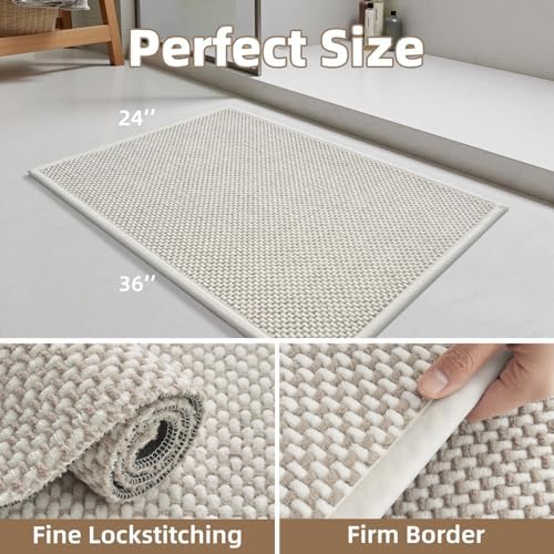 PADOOR-Bath Mat-Super Absorbent Chenille Bathroom Mats-Rubber Backed Bath Mats for Bathroom Non Slip, Easy Clean Bathroom Rugs Front of Bathtub,Shower Room,Sink-24×36, Beige&Cream - Image 2