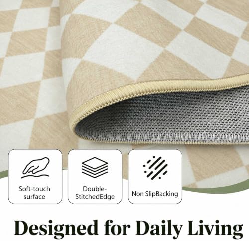 5x7 Checkered Area Rug for Living Room, Soft Low Pile Oat Rugs - Image 5