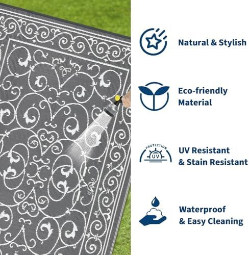 GAOMON Outdoor Rug Waterproof 9x12 Patio Rug Durable Indoor Outdoor RV Mat, Reversible Camping Carpet, Foldable Plastic Straw Rug for Patio, Porch, Deck, Balcony, Beach,Vintage-Grey - Image 7