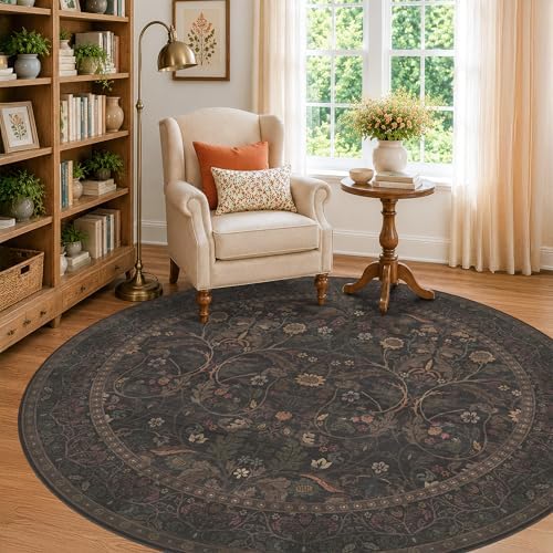 Brown Floral 6ft Round Rug for Living Room Kitchen Dining Room Under Table, Thin Low Pile Soft Botanical Patern Area Rug for Living Room Bedroom, Traditional Home Décor Non Skid (Black and Brown) by Evyhood