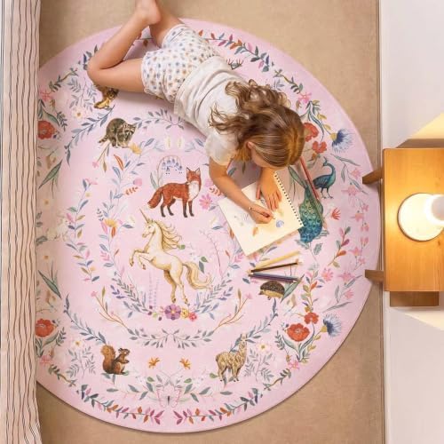 jinchan 5ft Round Rug Washable Kids Rug Whimsical Playroom, Lavender Pink by JINCHAN