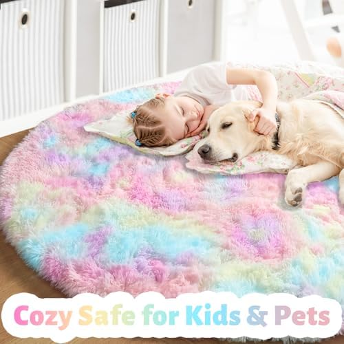 Amdrebio Rainbow Big Round Furry Area Rug 7Ft for Living Room Girls Bedroom - Image 2