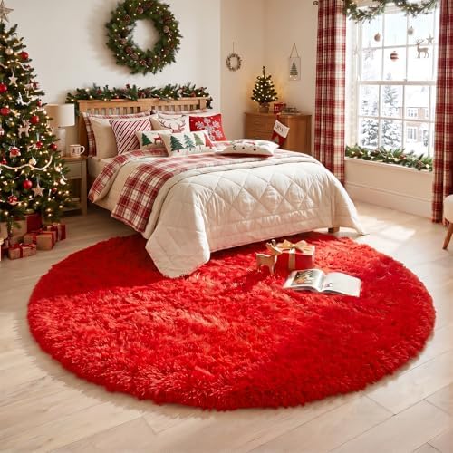 Amdrebio Red Furry Round Circle Area Rug 4Ft for Boys Bedroom Living Room - Image 6