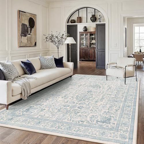 8x10 Washable Living Room Area Rug Non-Slip Vintage Blue Large Carpet - Image 3