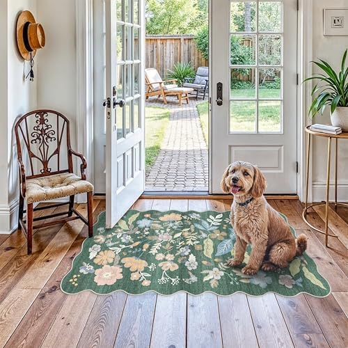 3x6 Washable Floral Runner Rug: Scalloped Carpet Runner for Hallway Green by BYYVOORugsforYourHome