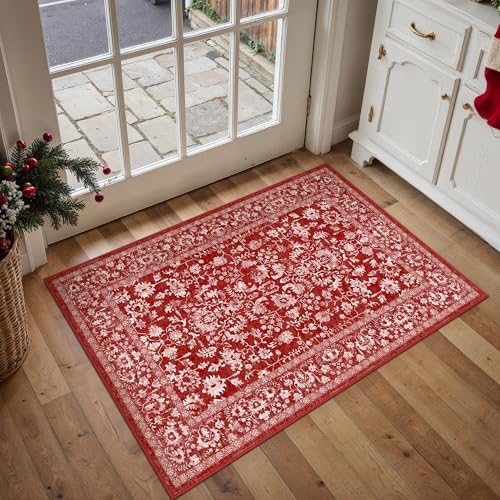 PureCozy Red Entryway Area Rug 2x3 Vintage Floral Farmhouse by PureCozy