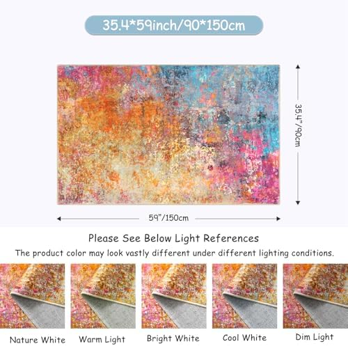 Lahome Modern Abstract Area Rug - 3x5 Washable Kitchen Rugs Colorful Bedroom Rug Non Slip Entryway Rugs, Rainbow Contemporary Indoor Floor Accent Carpet for Kitchen Sink Living Bathroom Doorway - Image 2