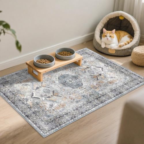 Washable Entryway Area Rug 2x3 - Small Doormat Vintage Distressed Rugs Oriental Non-Slip Stain Resistant Carpet Soft Thin Non-Shedding Indoor Floor Mat for Bedroom Bathroom Kitchen (Grey/Blue,2x3) by RUUGME