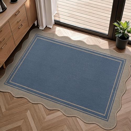 Scalloped Easy Jute Kitchen Rug 2x3 Front Door Mat Entryway Rug Blue by Zeeinx