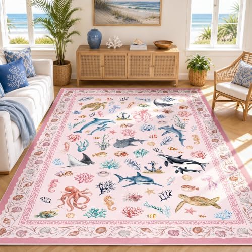 Arenarug 8x10 Kids Playroom Rug Washable Coastal Nursery Rug, Blush Pink - Image 3