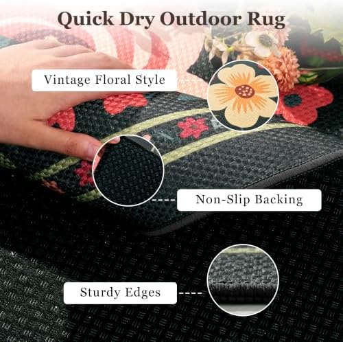 PADOOR Outdoor Rug 8x10 ft, Floral Washable Indoor Outdoor Area Rug, Flat‑Woven with Quick Dry Patio Carpet, Fade & Shed Resistant, Non‑Slip for Patio Deck Backyard Porch Living Room, Charcoal Grey - Image 3