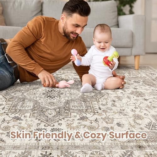 cotiled 5x8 Area Rug for Living Room, Washable, Traditional, Light Brown - Image 4