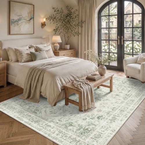 7x10 Washable Living Room Area Rug Soft Medallion Green Large Carpet - Image 2