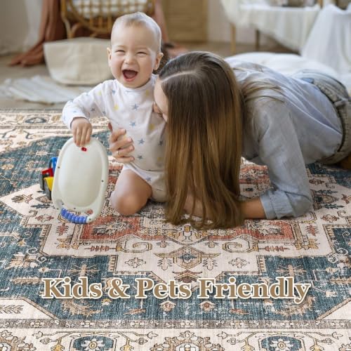 7x10 Area Rug: Washable Vintage Soft Blue Rugs for Living Room - Image 6