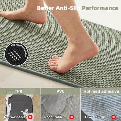 TYUU Bathroom Rugs Non Slip Washable, Super Absorbent Thin Bath Mat Quick Dry Low Pile Bathroom Rug, Sage Green 20"x48" - Image 3