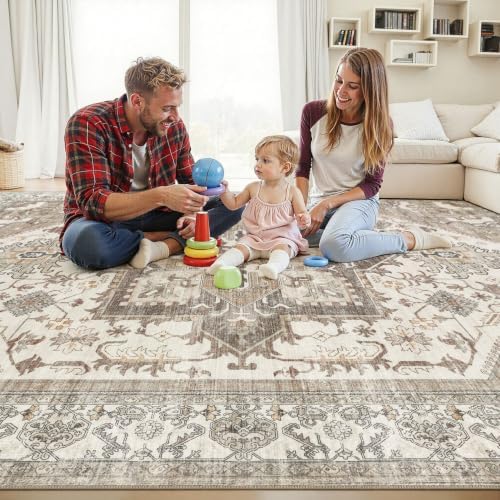 Area Rug for Living Room - 5x7 Washable Oriental Vintage Floral Large Soft Carpet - Fade Stain Resistant Non Slip Rugs for Bedroom Dining Room Nursery Dorm Office Home Decor - Beige Brown - Image 5