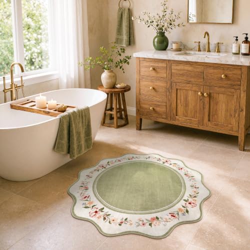 Lahome Round Kitchen Rug 4ft, Green Scalloped Floral Rug - Image 4