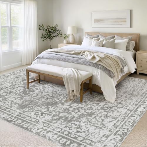 Vintage Living Room Area Rug - 9x12 Large Machine Washable Boho Area Rug Distressed Floral Rugs for Bedroom, Soft Non-Slip Indoor Floor Accent Rugs for Office Dining Room (Floral Grey, 9'x12') - Image 5