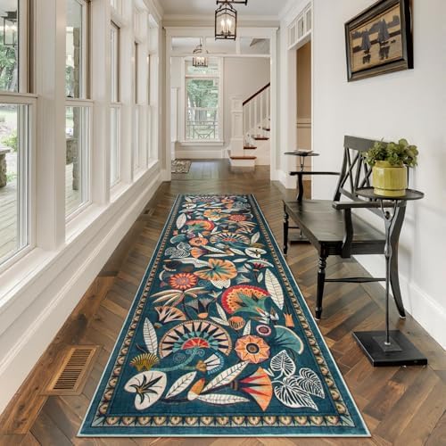 Zealude Boho Washable Green Bathroom Kitchen Runner Rug, 2x8 Egypt Hallway Entryway Rug Runner, Non Slip Botanical Floral Vintage Carpet for Entry Living Laundry Room (Dark Green, 2 x 8) - Image 3