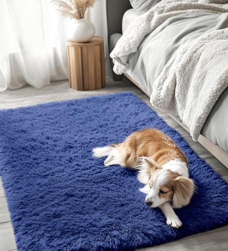 OLANLY 4x5 Machine Washable Accent Rug, Soft Fluffy Shaggy Area Rug for Bedroom, Living Room, Indoor Floor Carpet for Kids, Nursery, Home Decor, Navy Blue - Image 3