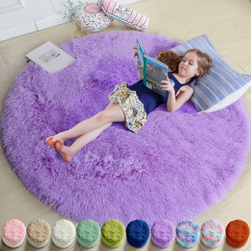 Amdrebio Purple Shaggy Small Round Circle Area Rug 3Ft for Girls Bedroom by Amdrebio