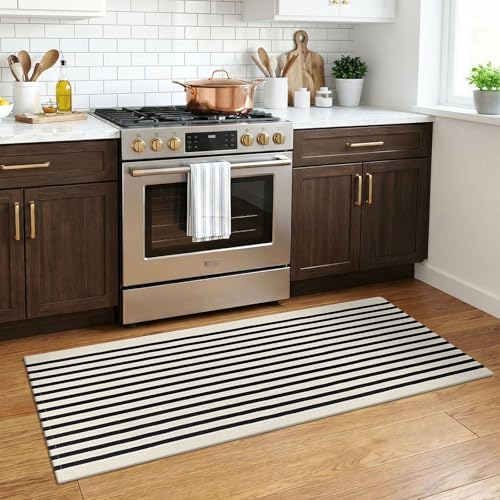 KOZYFLY Beige and Black Striped Runner Rug 2x4.3 ft Mat Woven Cotton Rug - Image 2