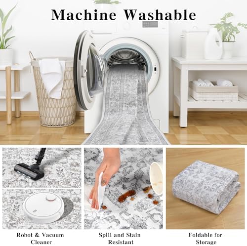 3x7 Washable Kitchen Runner Rug Non-Slip Vintage Gray Throw Carpet - Image 5
