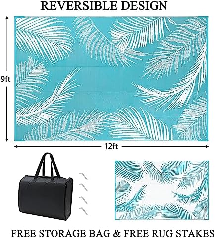 Pauwer Waterproof Outdoor Rug 9x12, Plastic Straw Patio Mat, Leaf Teal - Image 2