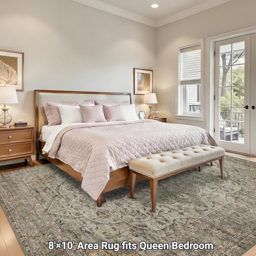 RCTJHOME 8x10 Olive Green Vintage Washable Area Rug Non-Slip Soft Carpet - Image 2