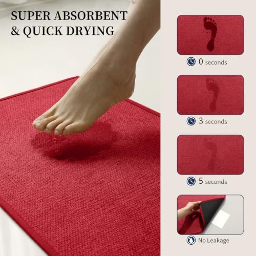 YIHOUSE Red Bathroom Rugs Sets 2 Piece, Quick Dry Thin Bath Mat with Toilet Rug, Non Slip Absorbent Machine Washable, Bath Rugs for Tub Sink Home Decor (17"x24" + 17.5"x24" U-Shaped) - Image 4