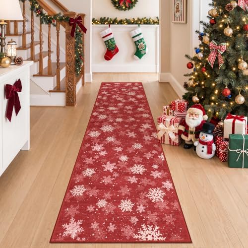 Christmas Runner Rug 2x8, Washable Snowflake Rugs for Living Room, Ultra-Thin Hallway Rug Runner Non Slip, Soft Red Holiday Decor Indoor for Entrance, Bedroom(2'x8', Red/White) - Image 3