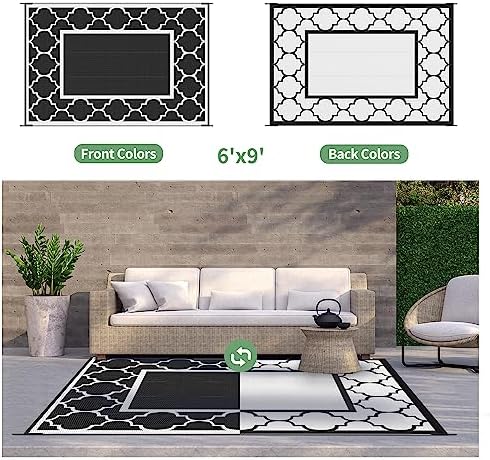 GENIMO Outdoor Rug, Waterproof Plastic Rugs for Patio, 6'x9' Black White - Image 4