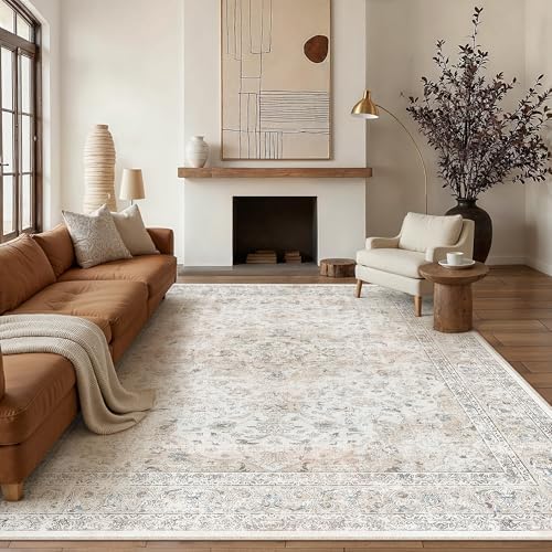 9x12 Washable Area Rug Beige Grey Non Slip Vintage Carpet by WondRg