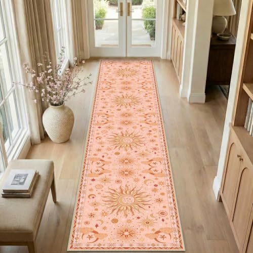 Vacuum-Friendly, 2x10 Washable Area Rug, Pink Gold Beige Red - Image 2