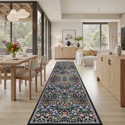 PLHXFR 2.6x14 Washable Runner Rug：Floral Indoor Kitchen Carpet Dark Black - Image 4