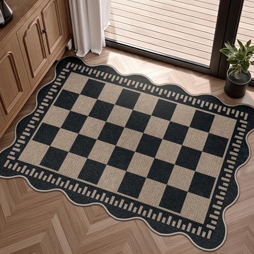 Checkered Easy Jute Entryway Rug, 2x3 Washable Non Slip Kitchen Rug, Indoor Outdoor Door Mat, Farmhouse Low Pile Floor Black Rugs for Porch Doorway by LORWER