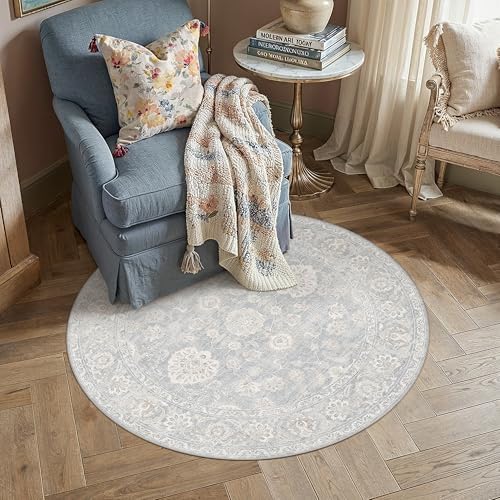 6x6 Blue Cream Neutral Round Rug - Image 2