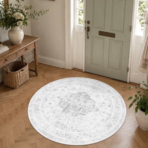 4ft Round Washable Office Rug Non-Slip Medallion Gray Throw Carpet - Image 2