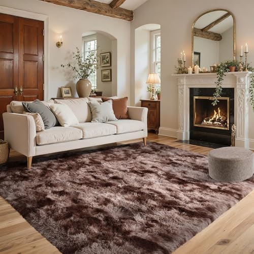 5x8 Brown Rugs for Living Room Fluffy Fur Bedroom Area Rug,Rustic Plush Non-Slip Dark Carpet for Book Room Office,Coffee Stain Resistant - Image 2