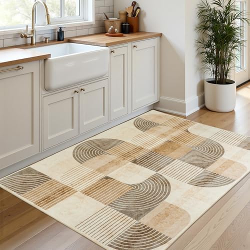 Large 3x5 Entryway Rug, Non Slip Washable Kitchen Rugs Neutral Beige - Image 4