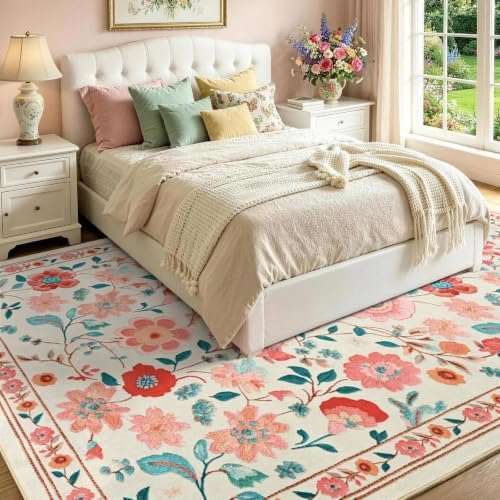 6x9 Ft Washable Area Rug for Living Room Beige Vintage Floral Carpet - Image 4