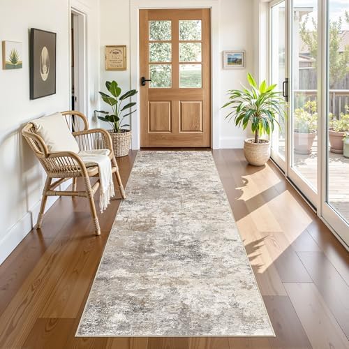 UERMEI 3x8 Washable Runner Rug for Hallway, Non Slip Low Pile Kitchen Carpet, Neutral Modern Abstract Indoor Floor Mat for Entryway Laundry, Kid & Pet Safe High Traffic Area, Brown Grey by UERMEI