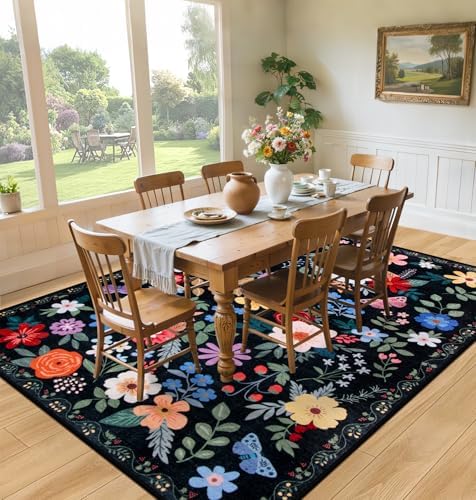 PLHXFR Area Rug Living Room: 5x7 Floral Washable Boho Soft Carpet Black - Image 4