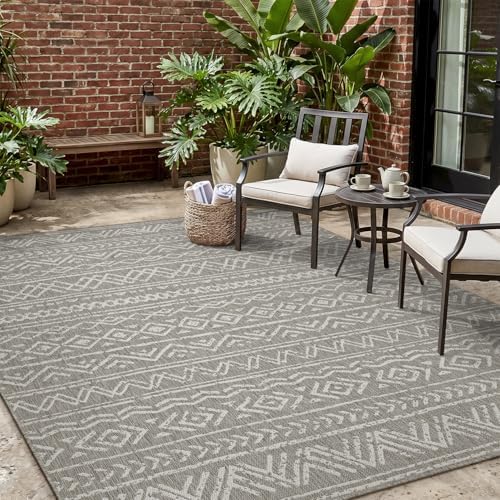 MontVoo-Outdoor Rug-Patio Rug 4x6 Polypropylene Indoor Outdoor Rugs Outdoor Carpet for Patio Deck Balcony Porch, Textured Weave, Durable for High Traffic, Fade-Resistant, Boho Farmhouse Silver Grey by MontVoo