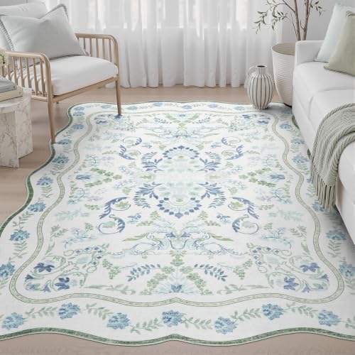 DCX Blue and Green 4x6 Rug, Washable Botanical Scalloped Rug by DCXWashableRug